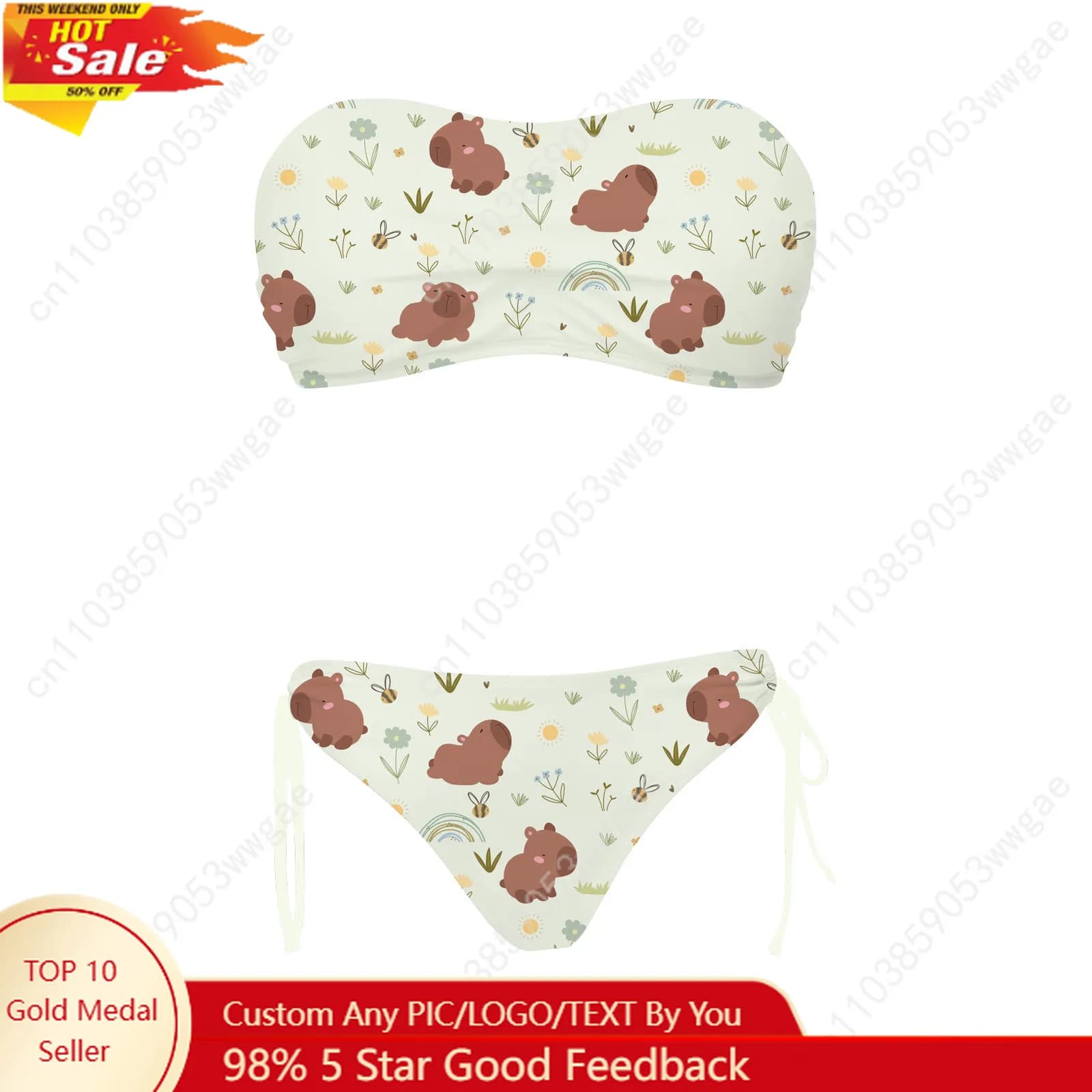 Women's Capibara Swimwear with Drawstring in Two Pieces, Swimwear, Custom Swimwear, Pool, Beach, bikini, Custom Swimwear