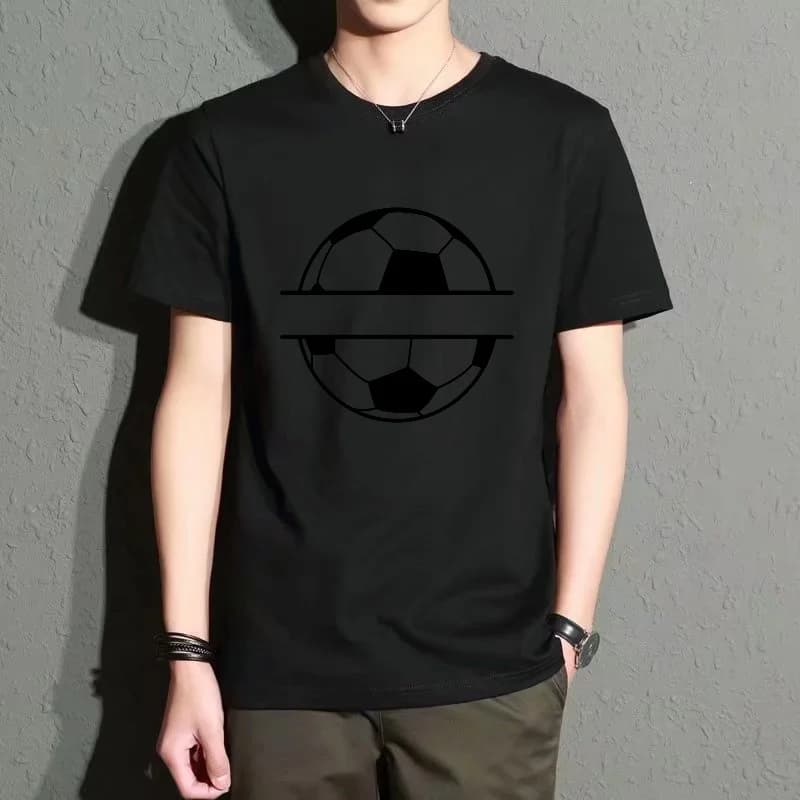 Men's Black Round-Neck Short-Sleeved T-Shirt with Football Pattern Print, Casual Sports Style, Versatile for Everyday Wear, Breathable, Comfortable and Trendy Item