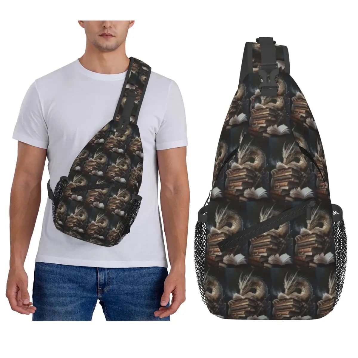 Book And Sleeping Dragon Chest Bag Men Sling Crossbody Backpack Chest Bag Traveling Hiking Daypack Shoulder Bag