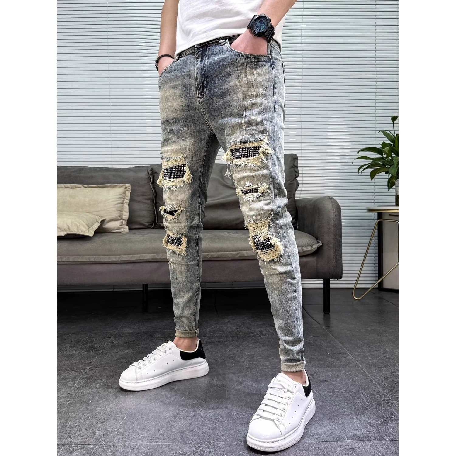 New Men's Skinny Jeans 2025, Durable Denim Pants Washed with Diamond Applications, Elastics and Fashion, Low Life with Hinge