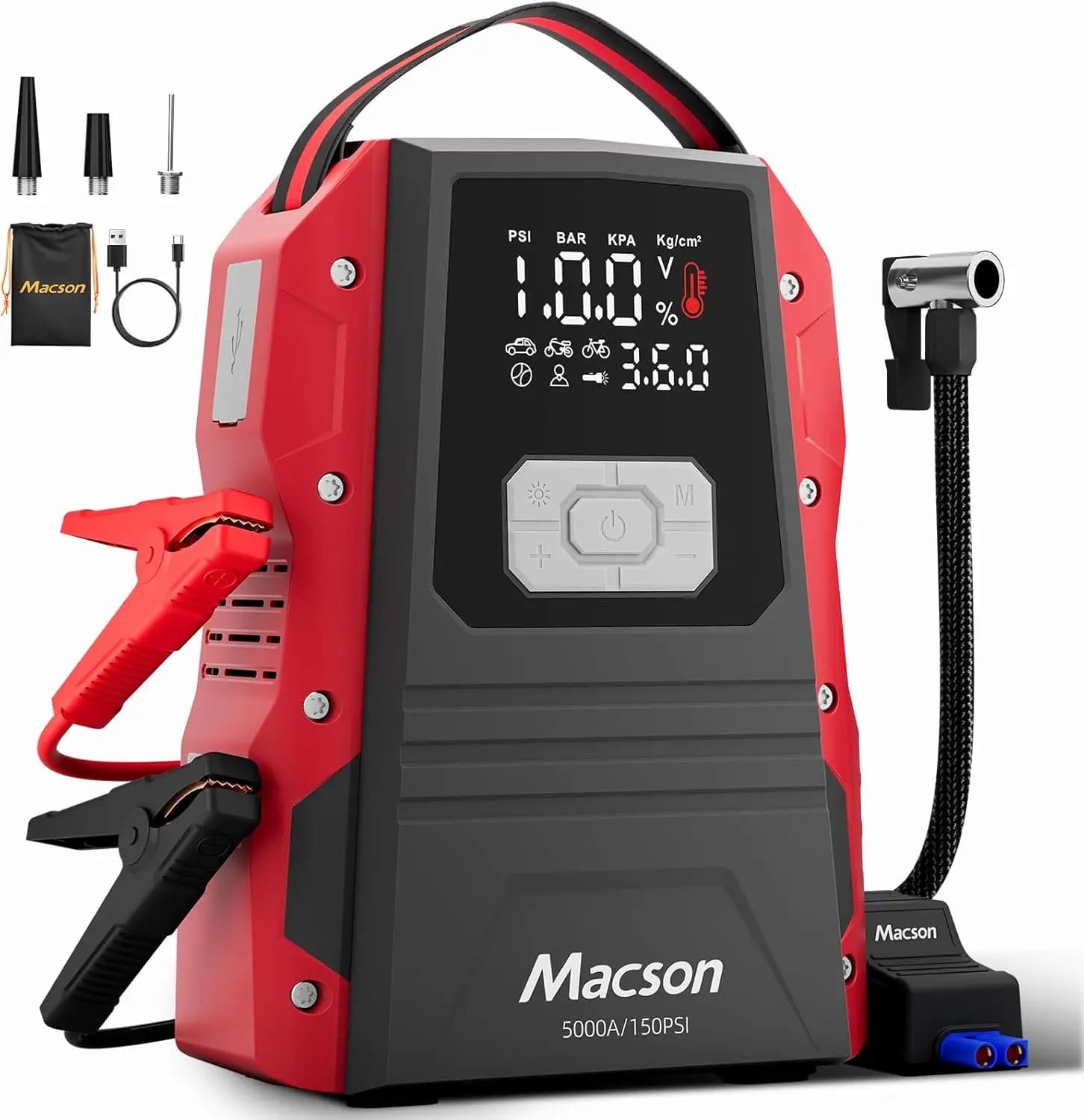Avviatore di Emergenza 5000A con Compressore d'Aria - Batteria Portatile 12V per Motori a Benzina 9.0L/Diesel 8.0L, Gonfiatore Pneumatici