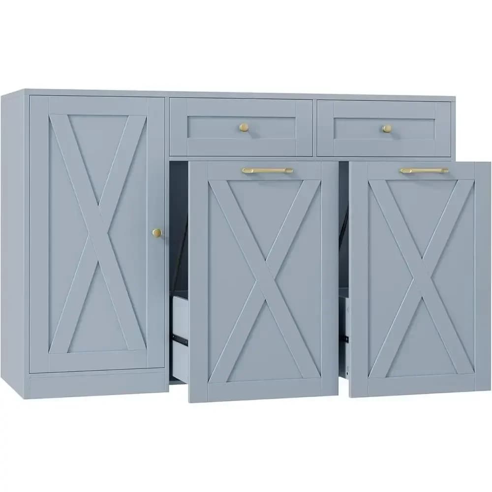 Large 47 Double Pull-Out Trash Can Cabinet with Blue Wood Storage for Kitchen and Dining Room