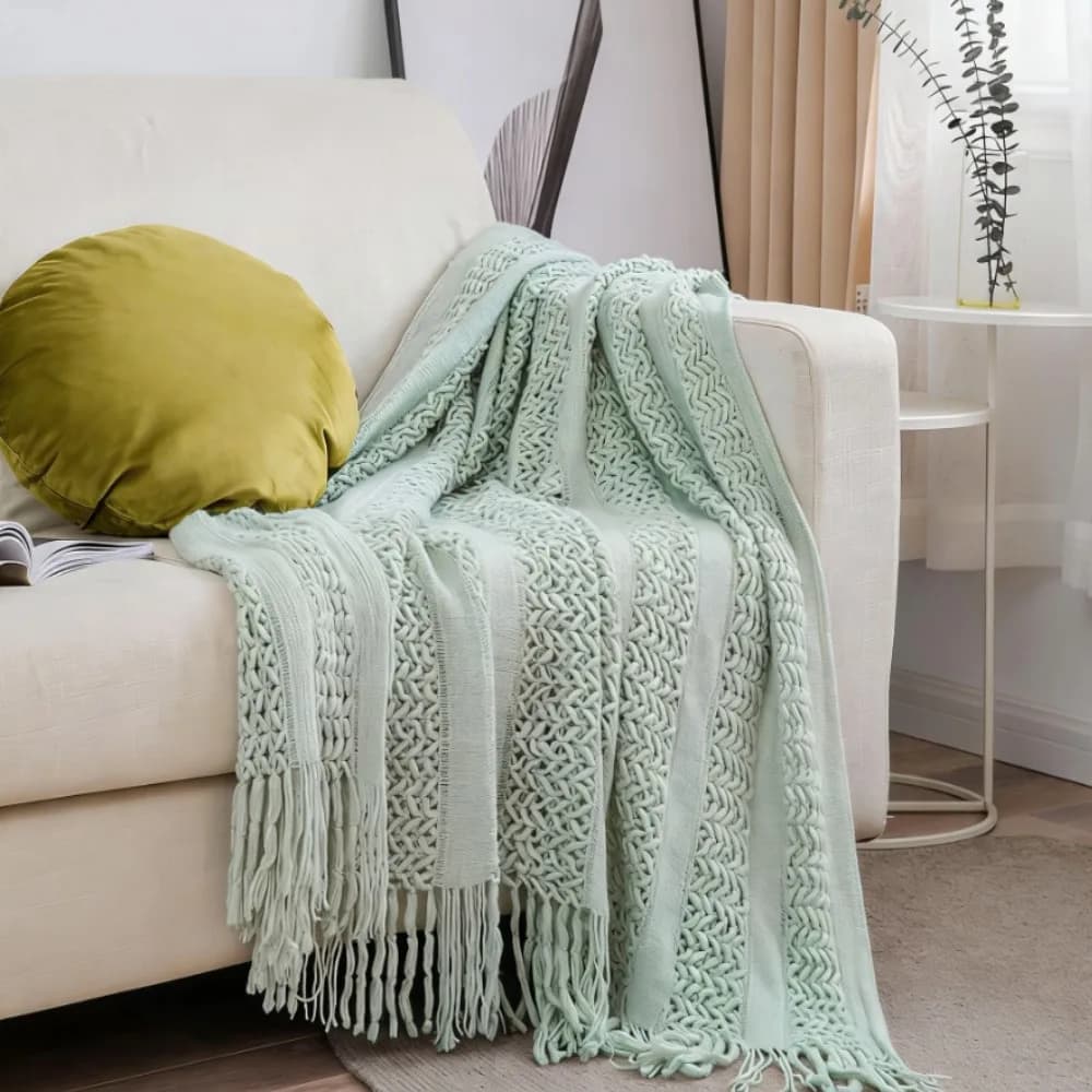 Saga Gren Gift knit cover, Cover, Plaid with tassel, Light cover for office, air conditioning and window, Spring cover