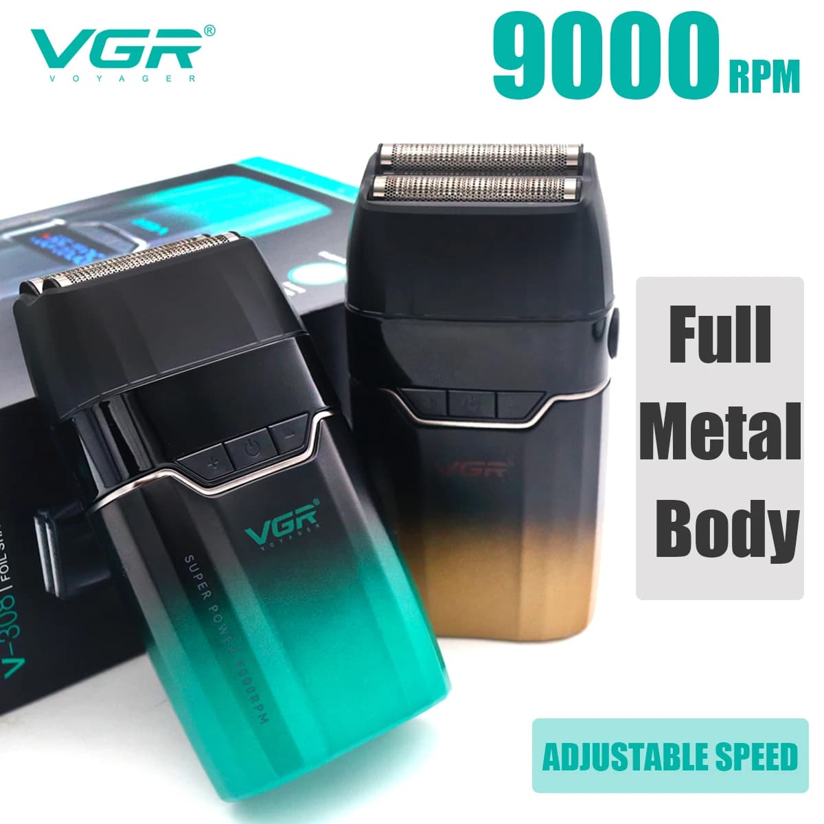 VGR V308 Barba Trimmer Double Lamina Full Metal 9000RPM LCD Display Professional Barbiere Electric Razor for Men