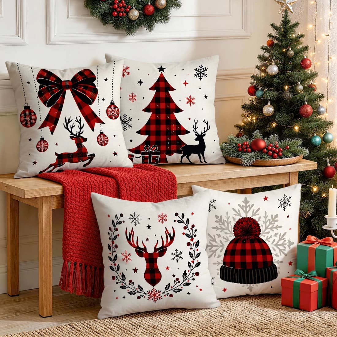 1 pz/4 pz Fodera per cuscino natalizio a quadri rosso e nero in poliestere, federa decorativa per auto, casa, divano