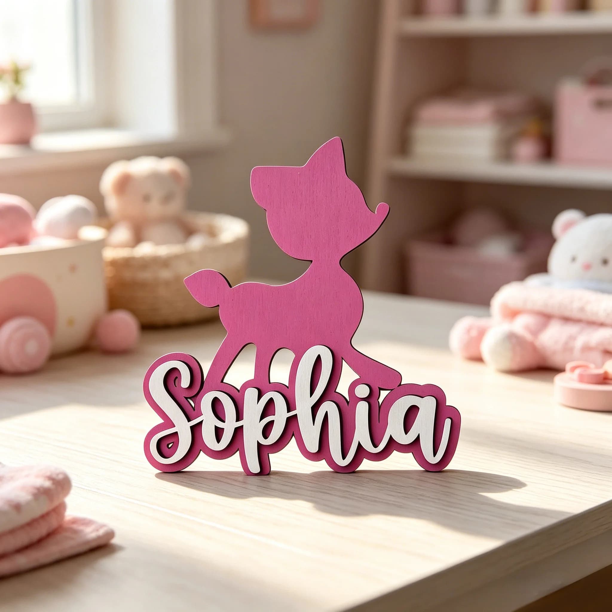 1pc Custom Deer Silhouette Double Layer Wooden Name Sign Personalized Cursive Text Tabletop Wall Indoor Home Decor Gift