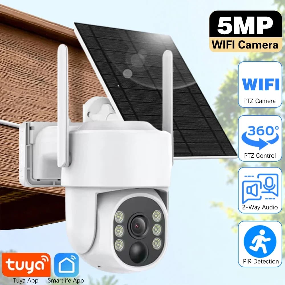 Tuya 5MP Wifi Batteria solare Telecamera PTZ con pannelli solari Visione notturna a colori Rilevazione movimento IR Telecamera IP impermeabile IP66 esterna