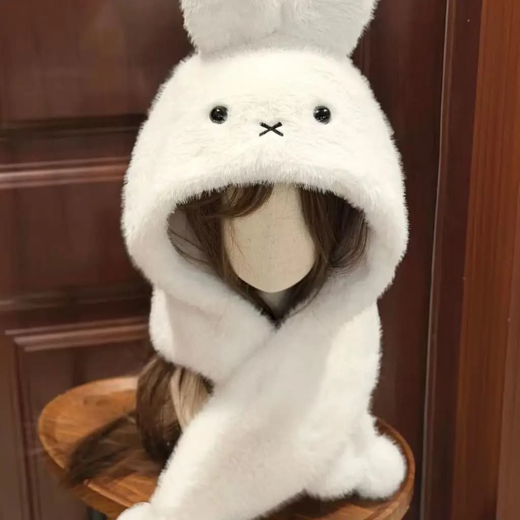 3D Stereo Cute Lovely Miffy Plush Hat Scarf Integrated Set Soft Warm Earflap Hat Windproof Winter Thermal Neck Warmer for Girls