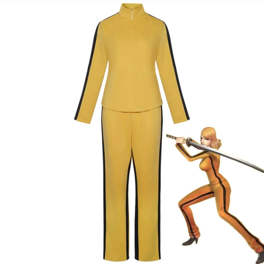 Costume cosplay del film Kill Bill, giacca gialla, pantaloni e pantaloncini dello stesso stile per un semplice outfit sportivo da festa