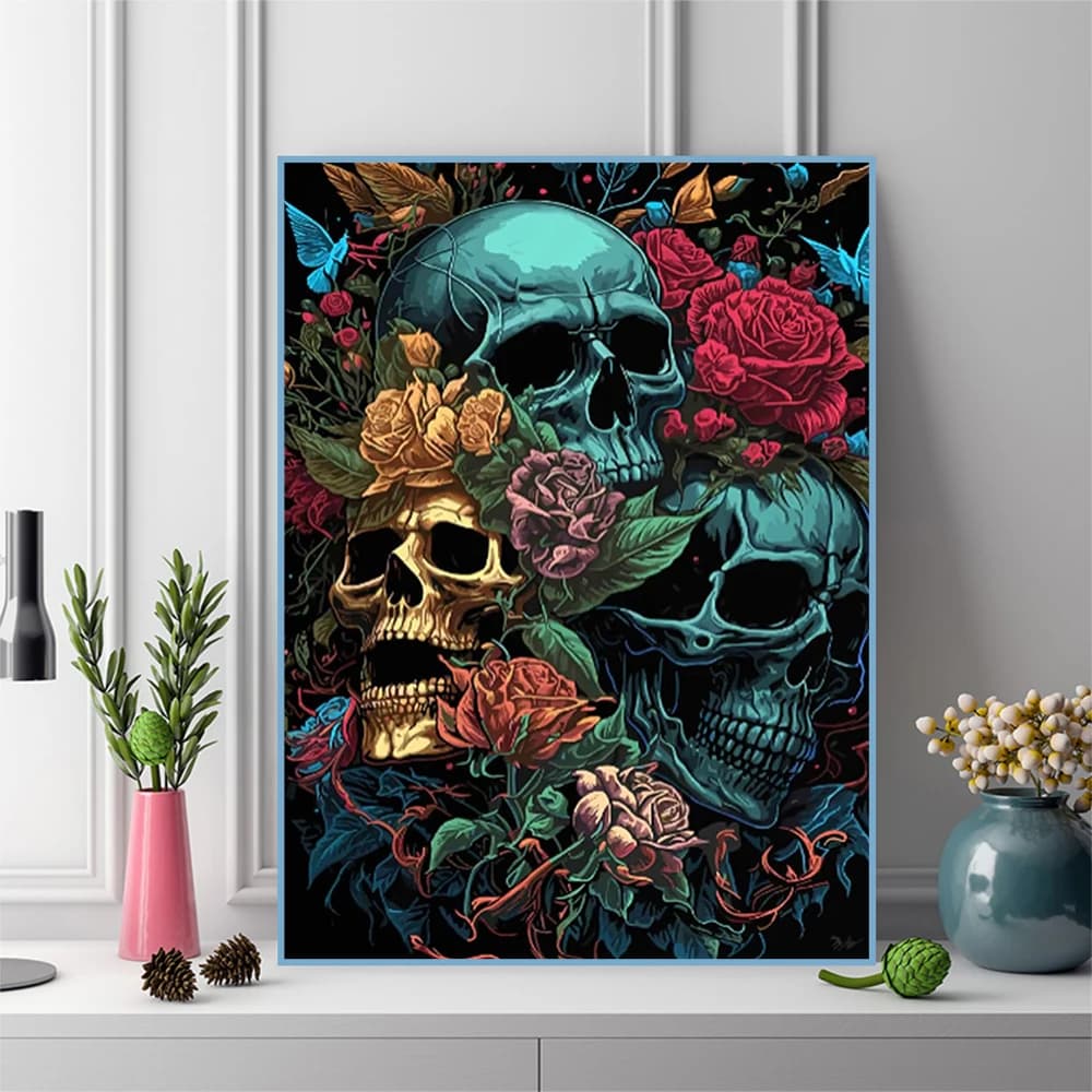 Quadro Ricamato con Diamanti e Strass, Scheletro, Mosaico, Halloween, Ricamo Completo Fai da Te, Punto Croce, Decorazione per la Casa, Senza Cornice