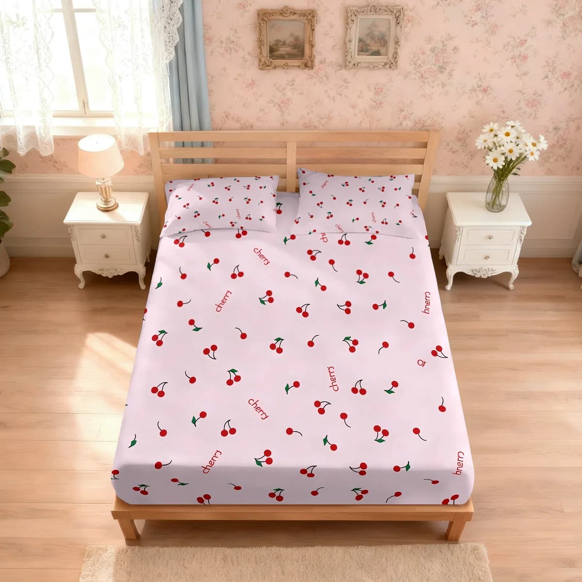 Set di lenzuola rosa senza cuciture con motivo ciliegia, 3 pezzi, diverse misure, copriletto morbido, decorazione per la camera da letto, lavabile in lavatrice