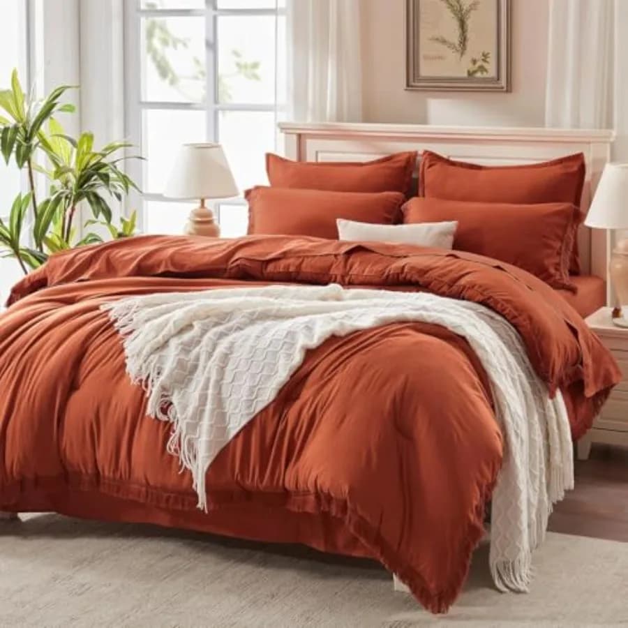 Set Copripiumino con Lenzuola Arancione Bruciato - 7 Pezzi Set Letto Boho Morbido e Leggero Terracotta Ruggine con Nappe B