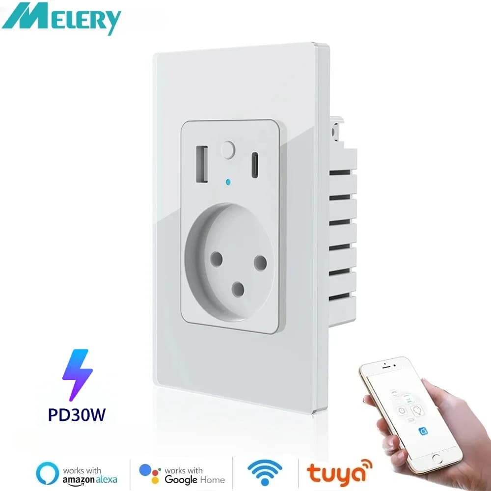 Melery Israel Smart Wall Socket Glass Panel USB Type-C Fast Charging Voice App Controlled Power Outlet by Alexa Google Home