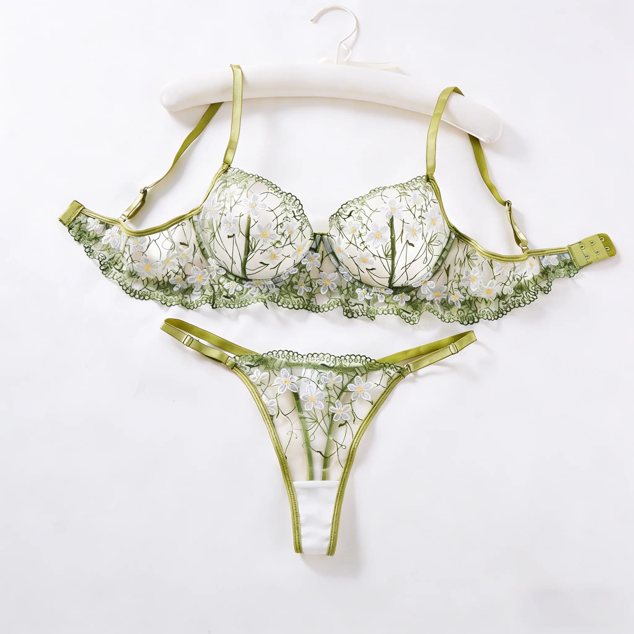Ladies Sage Green Flower Embroidered Lace Bra Thong Set Sheer Mesh Lingerie Outfit Romantic Intimate Sleepwear ZA825194