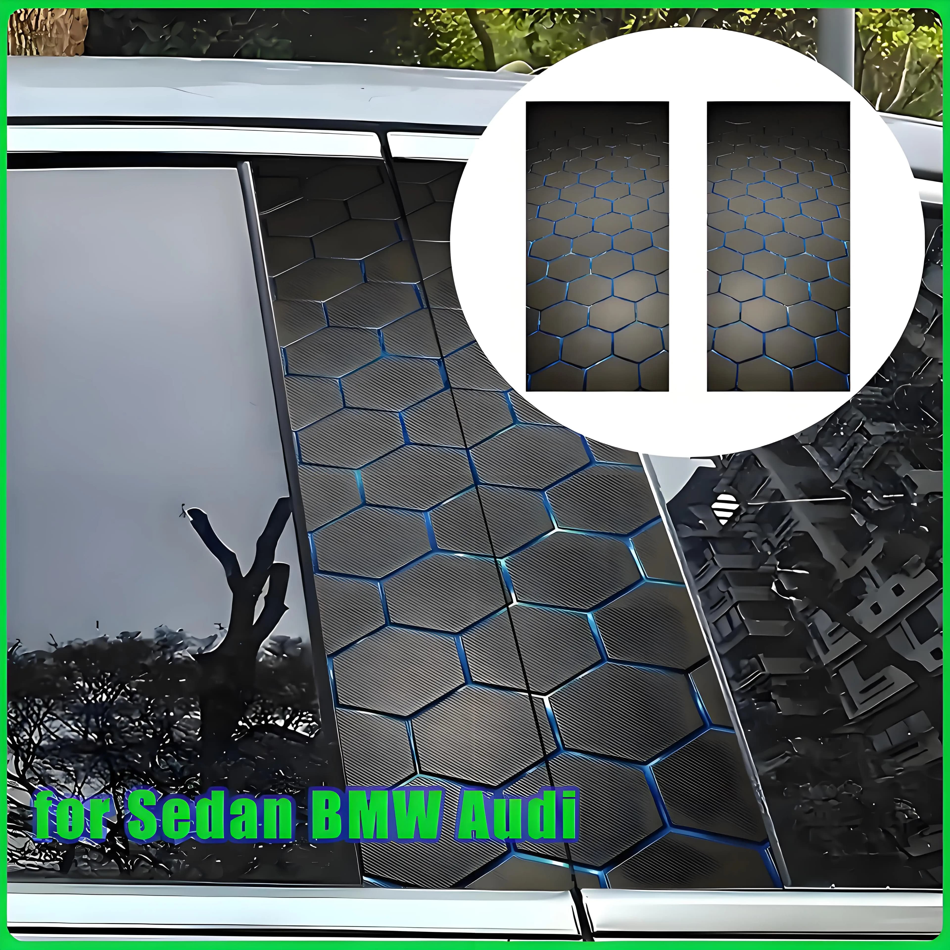 2 pcs stickers for B mountings for auto hexagonal geometric blue vinyl scratch resistant for BMW Audi sedan - decals for lateral vehicle mounts