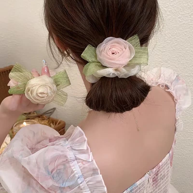 Dolce Rosa Filato Fiore Nastri Per Capelli Donne Maglia Grande Corda Per Capelli Ragazza Cravatta Semplice Ins Copricapo Anello Per Capelli Titolare Coda di Cavallo