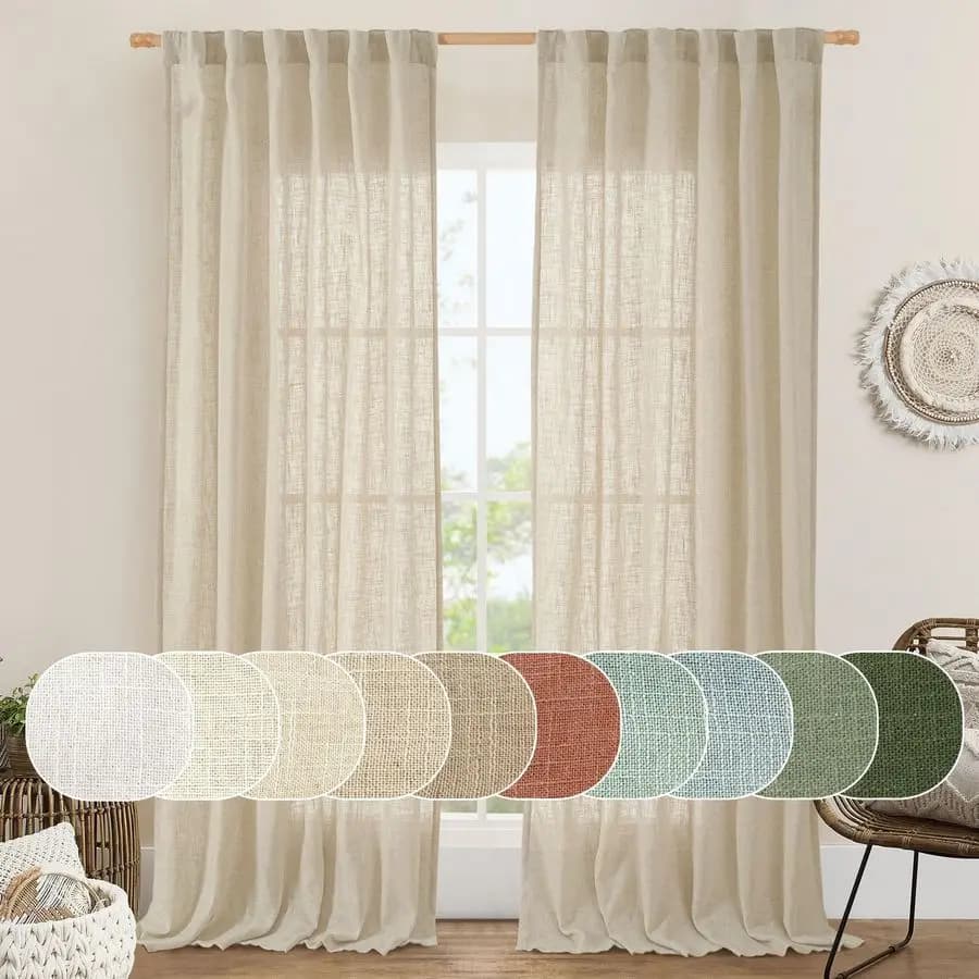 Linen curtains filtering light, 84 inches long per bedroom, linen effect, semi-transparent, with rod passer and hanging pocket, boho style in jute canvas.