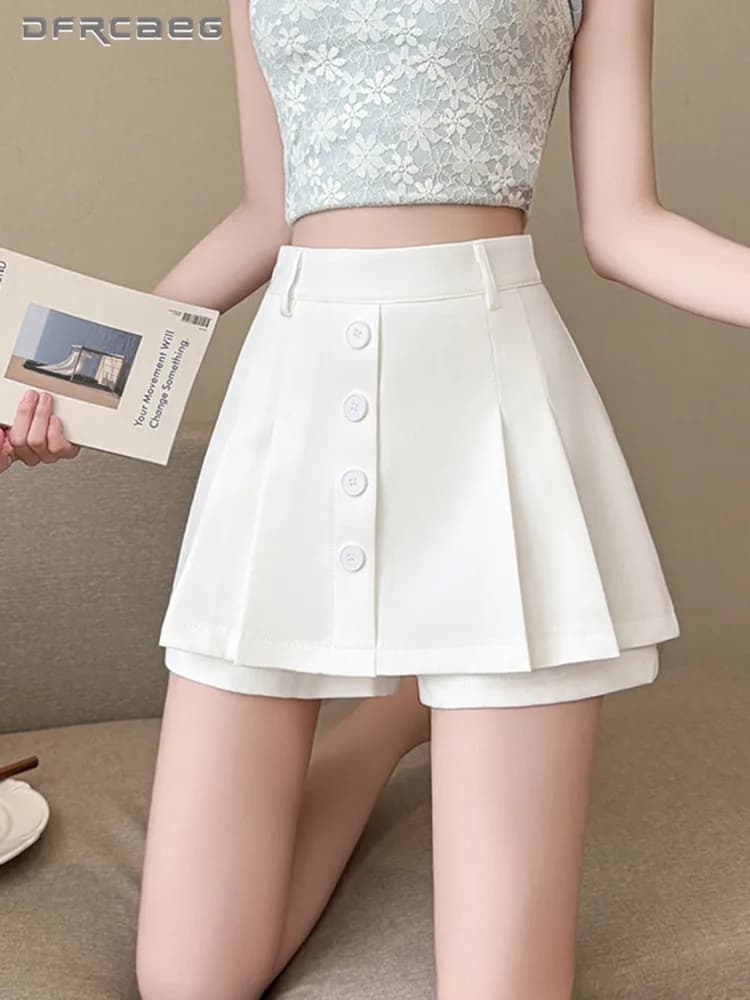 Gonne Estive Bianche Stile Preppy per Donne, Shorts con Bottoni a Vita Alta, Casual, Eleganti, da Ufficio, Gonne Plissettate