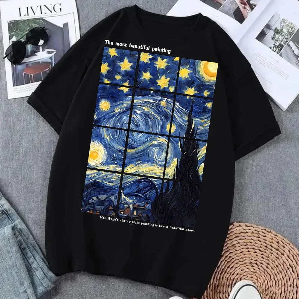Van Gogh 1889 At Night Starry Night T Shirt Unisex Retro Art Print Tee Casual Short Sleeve Streetwear Tops