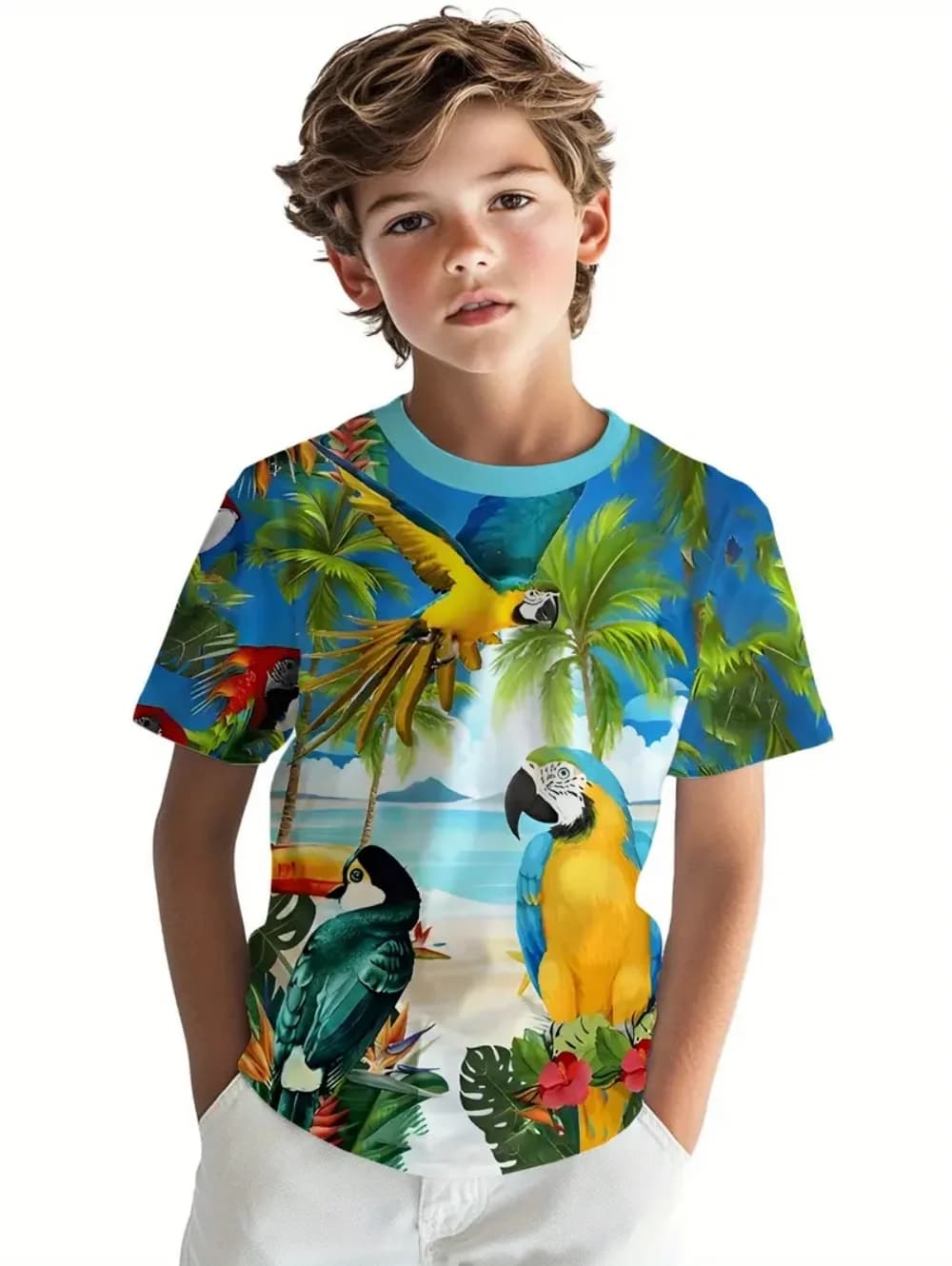 T-shirt a maniche corte con stampa di pappagalli macaw tropicali per bambini, maglietta estiva con grafica animale