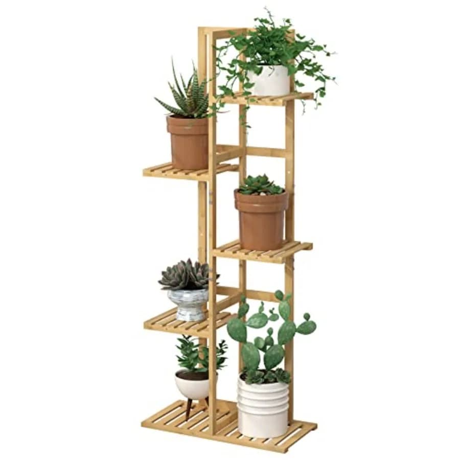 Bamboo 5 Tier 6 Potted Plant Stand Rack Multiple Flower Pot Holder Shelf, IndoorandOutdoor Planter Display Shelves for Patio Ga