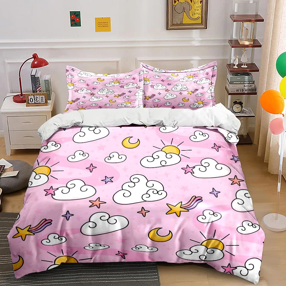 Nuvole e stelle da sogno su sfondo rosa Set copripiumino con stampa digitale, biancheria da letto colorata in poliestere con chiusura a cerniera per regali