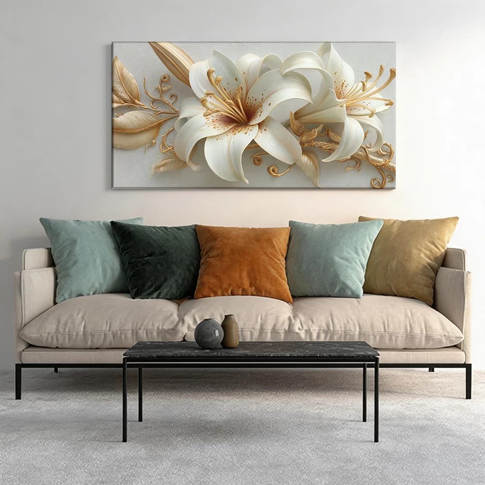 Painted on canvas with large wooden frame, 1 piece, wall decoration inspired by lilies, gold.