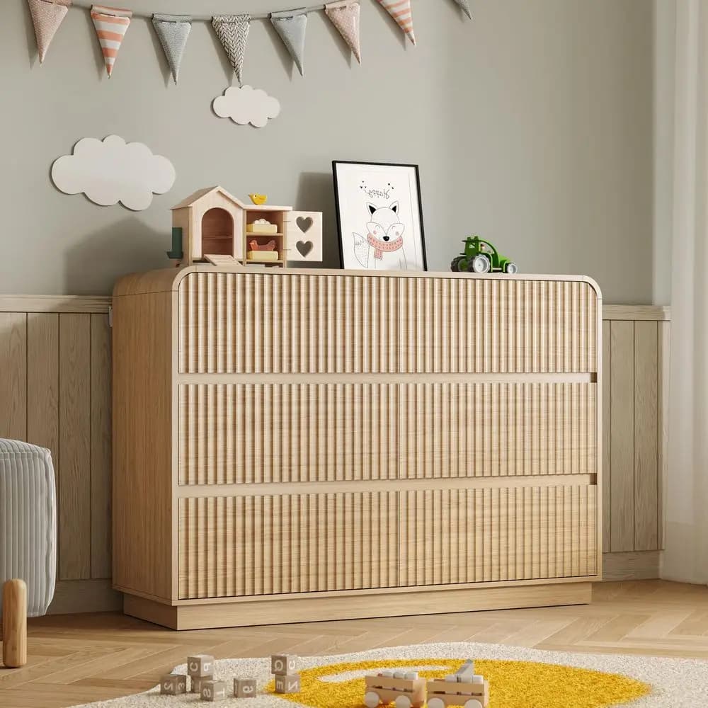 Cassettiera per camera da letto con 6 cassetti, cassettiera scanalata con angoli curvi, maniglie a scomparsa, organizer moderno in legno per la conservazione
