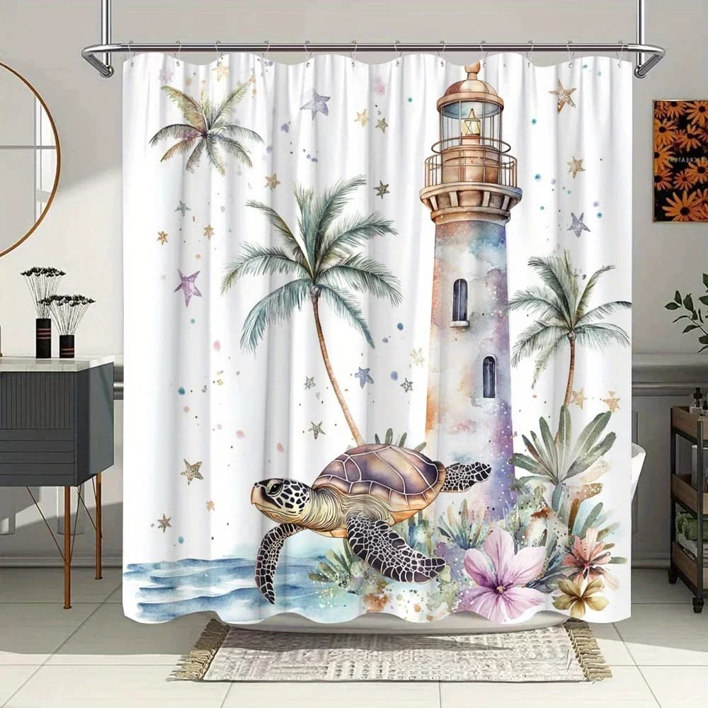 Tropical Paradise Shower Curtain - Watercolor Sea Turtle & Lighthouse, Pastel Palm Trees, Starfish & Flowers, Fantasy Landscape,