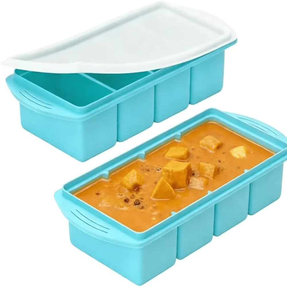 Vassoio Extra Large per Cubetti di Zuppa con Coperchio - Stampo in Silicone da 4 Porzioni per Conservazione Alimenti, Preparazione Pasti e Brodo - Confezione da 1