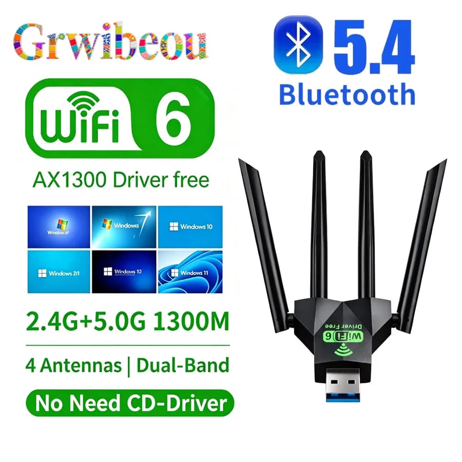 GRWIBEOU 1300Mbps WIFI 6+BT5.4 Adapter USB2.0 Dual Band 2.4G/5Ghz 802.11AX wifi+Bluetooth+USB 4 Antenna Wireless Receiver Driver