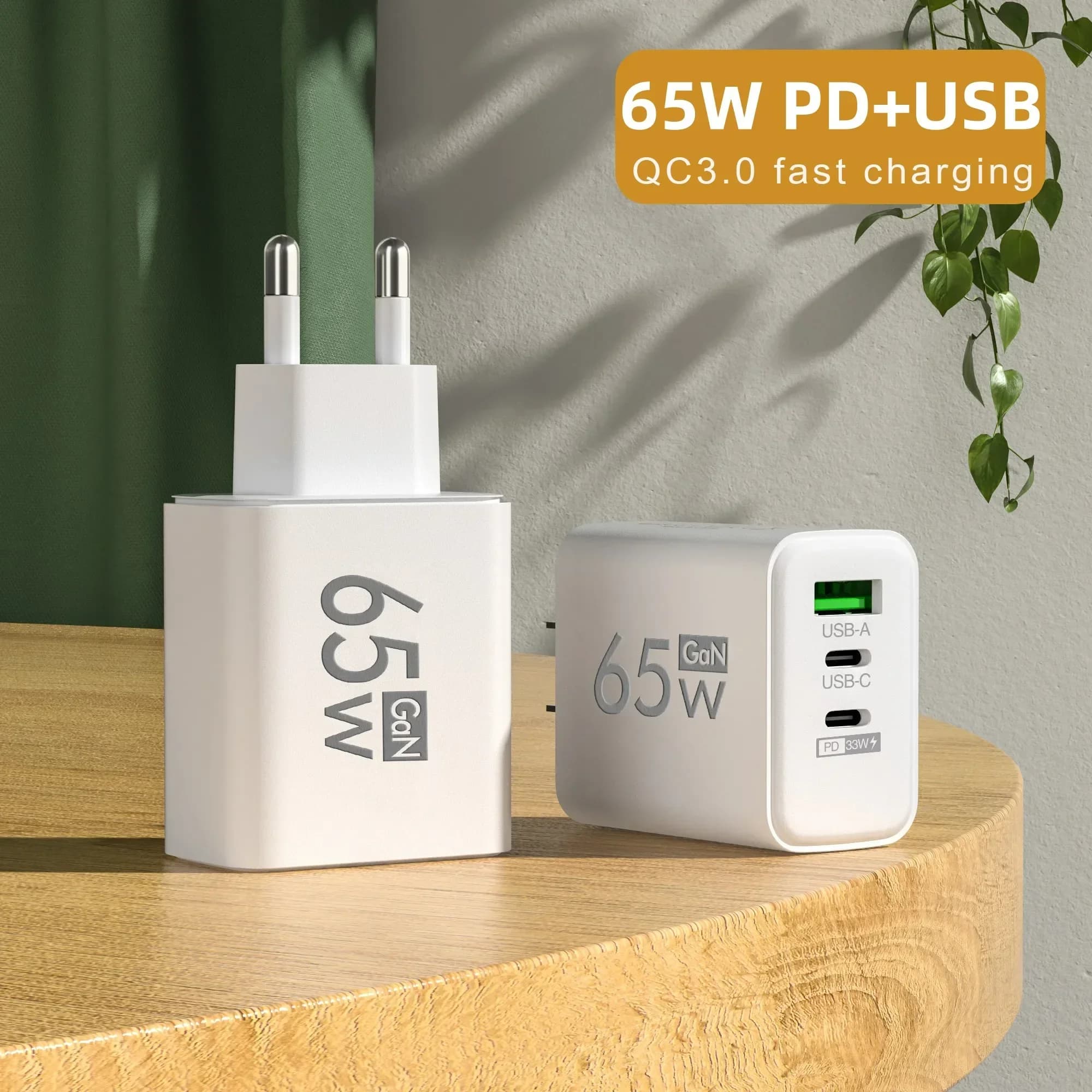Caricatore USB GaN da 65W, ricarica rapida Quick Charger 3.0, caricatore da viaggio per iPhone 15, Samsung, Xiaomi, adattatore per cellulare con spina EU/US