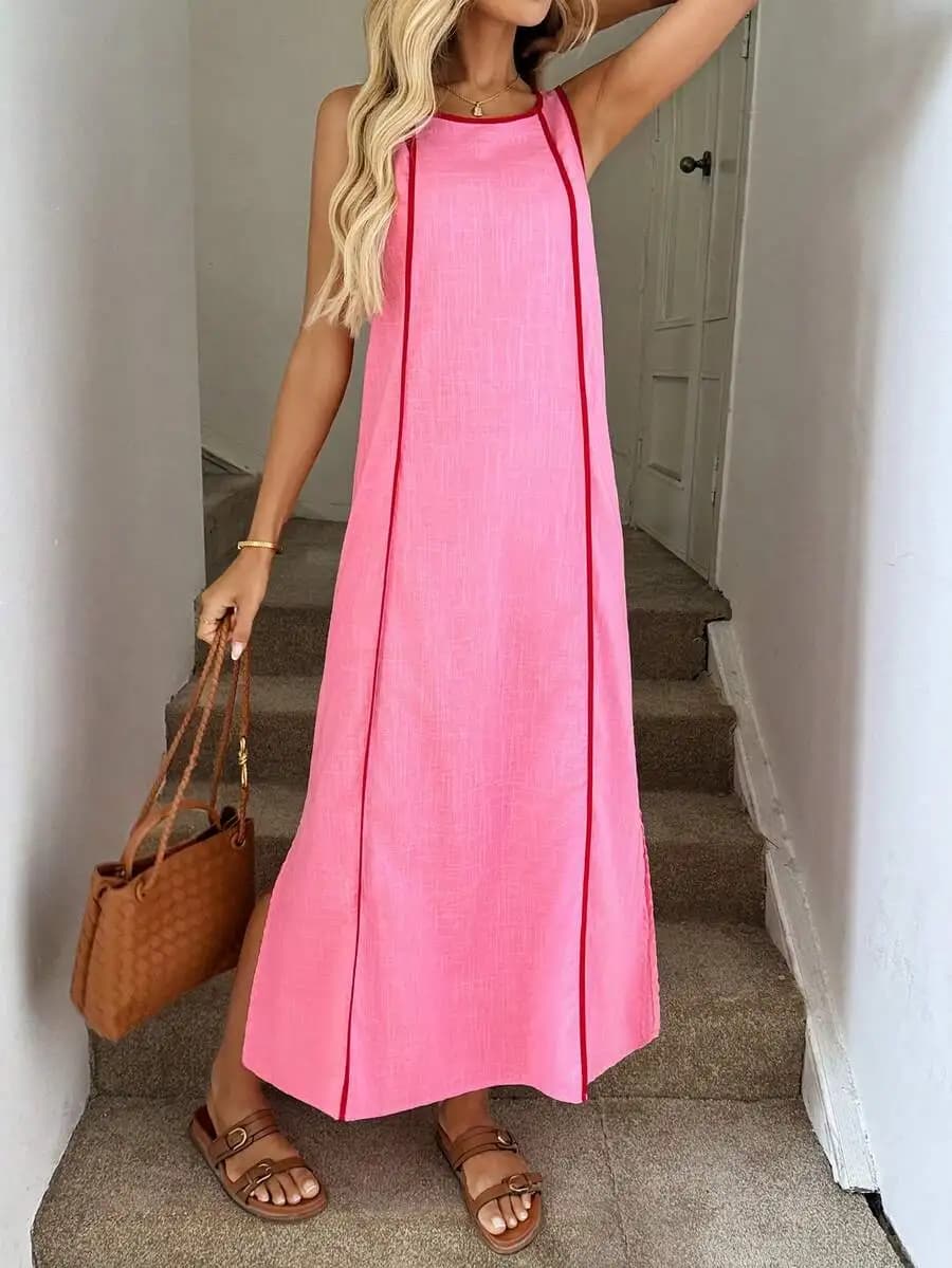 Pink And Red Sleeveless Round Neck Dress With Side Slit Hem, Summer Casual Vacation Style,Mother's Day Wedding Guest Tea Party E