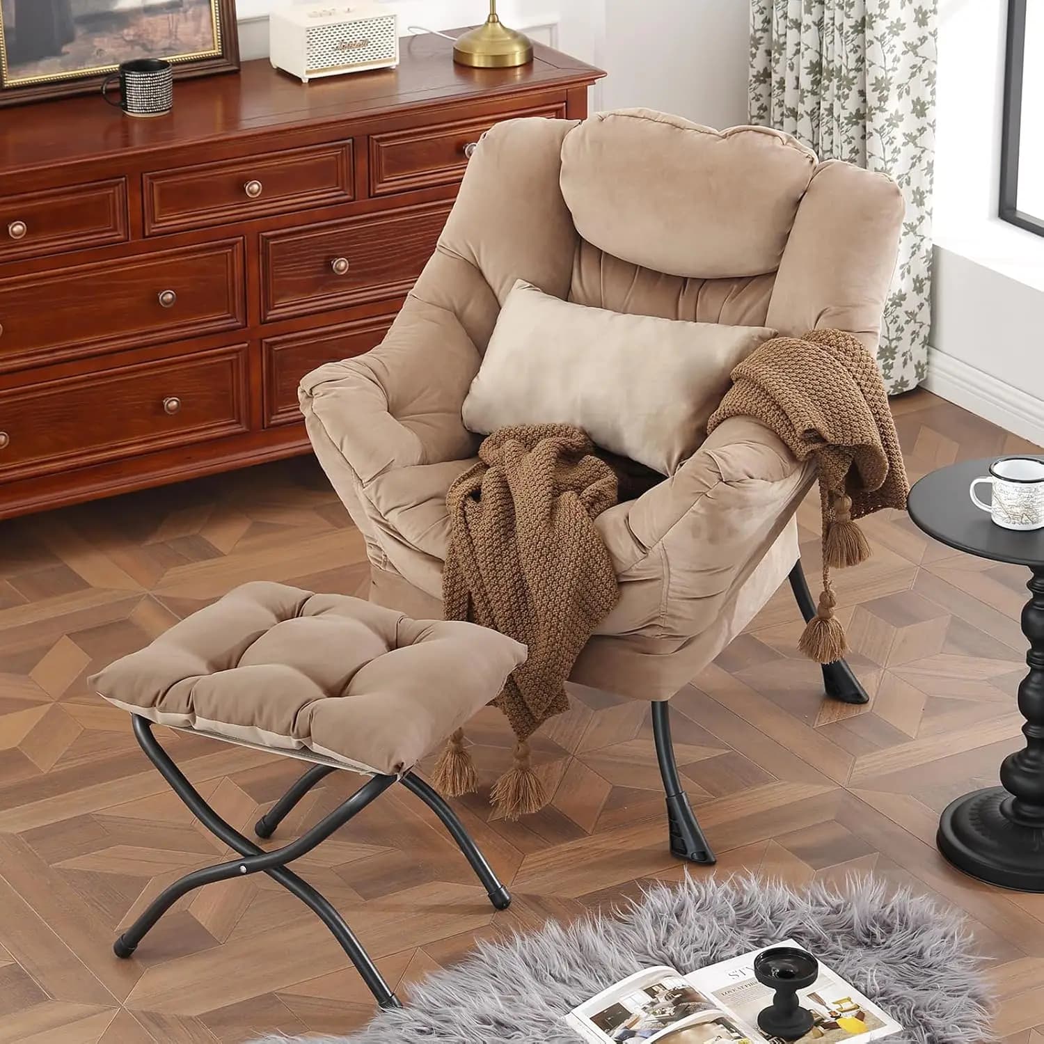 Poltrona Relax con Poggiapiedi, Poltrona Moderna con Cuscino Lombare, Divano in Velluto Kaki, Poltrone con Poggiapiedi Pieghevole, Poltrona Oversize
