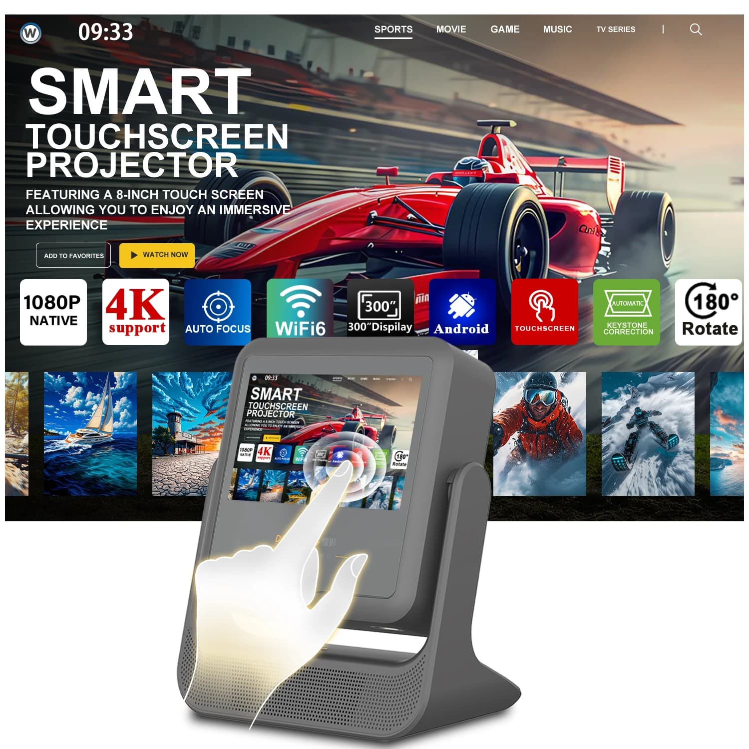 7-inch 1080P Native 4K Auto Focus Touch Screen Projector with Dolby Sound Wi-Fi 6 Bluetooth 180° Rotation for Games Movies