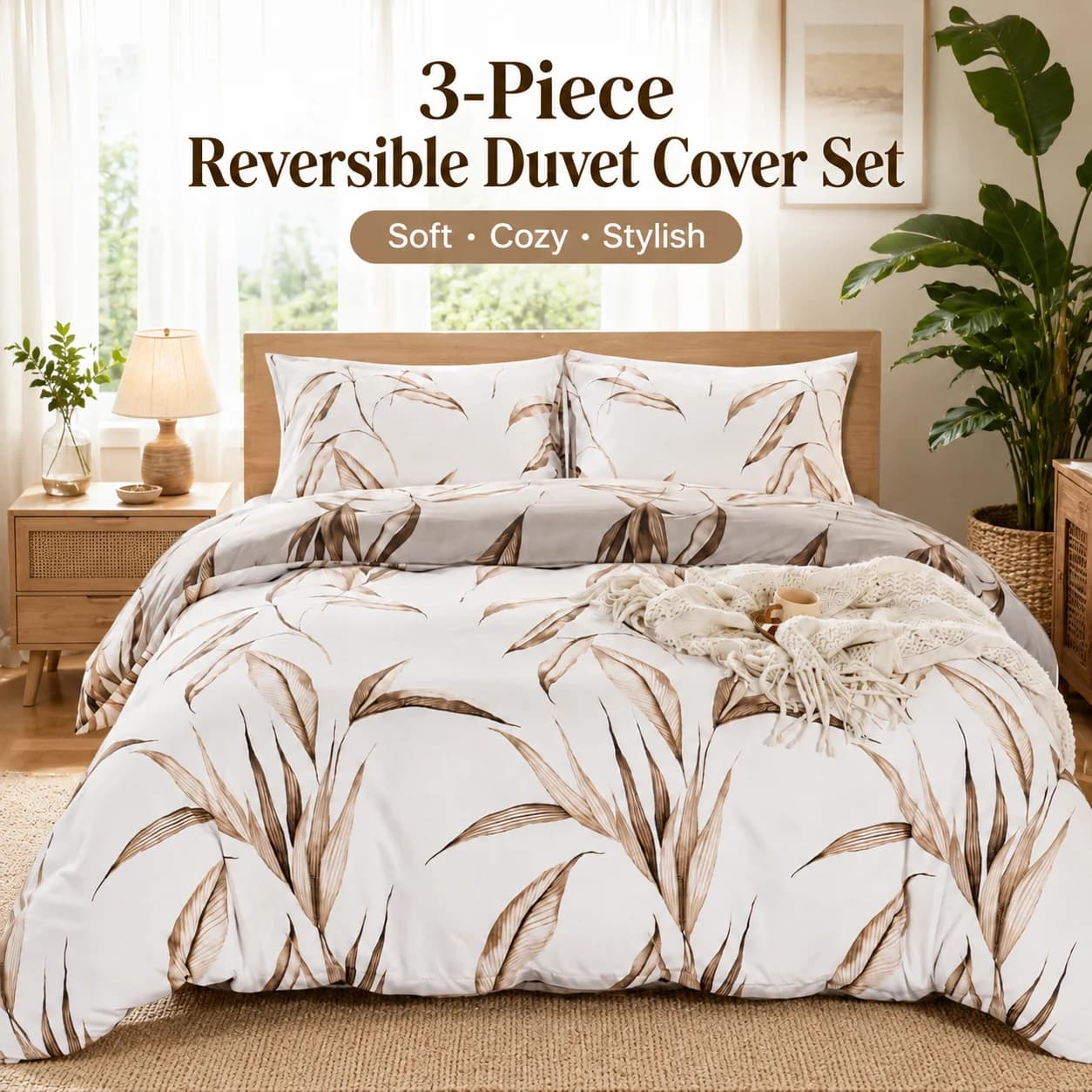 3Pcs Reversible Duvet Cover Set Brown Leaf Botanical Bedding Set Soft Boho Bed Cover with Pillowcases Queen King Twin Full