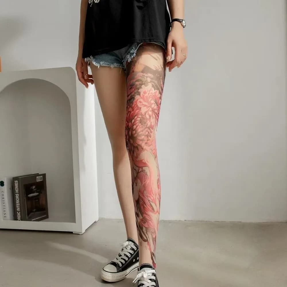 Collant sexy stampati con peonia Collant a vita alta elastico con tatuaggio finto Collant in nylon con tatuaggio vintage