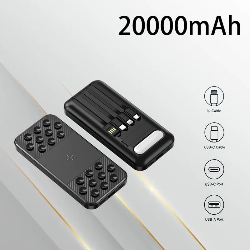 Power Bank da 20000mAh con Cavo Integrato e Luce LED, Caricabatterie Portatile per Esterni, Ricarica Rapida, Sicuro e Affidabile per Emergenze