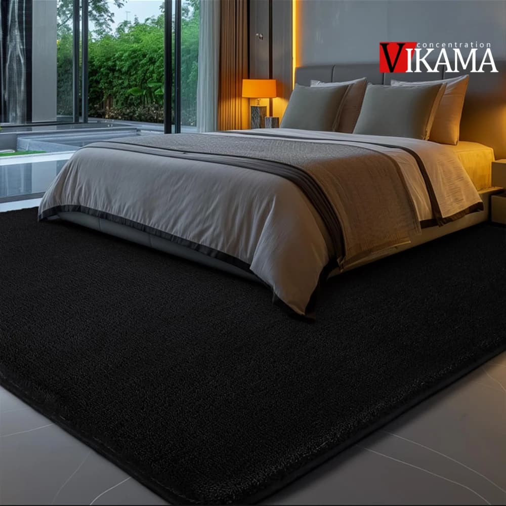 Tappeto VIKAMA nero in peluche per camera da letto, soggiorno, tappeto soffice, grande tappeto a pelo lungo, morbido tappeto in peluche per comodino