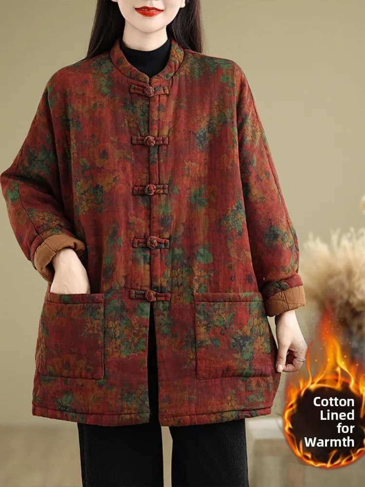 Giacca in cotone ispessito in stile cinese, stampata, di media lunghezza, cappotto invernale da donna con chiusura a bottoni e imbottitura in cotone