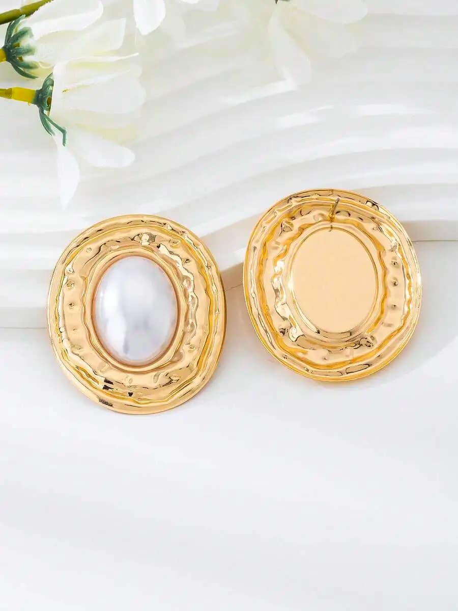 Oval Geometric Texture Pearl Inlay Earrings Vintage Elegant Women Fashion Jewelry