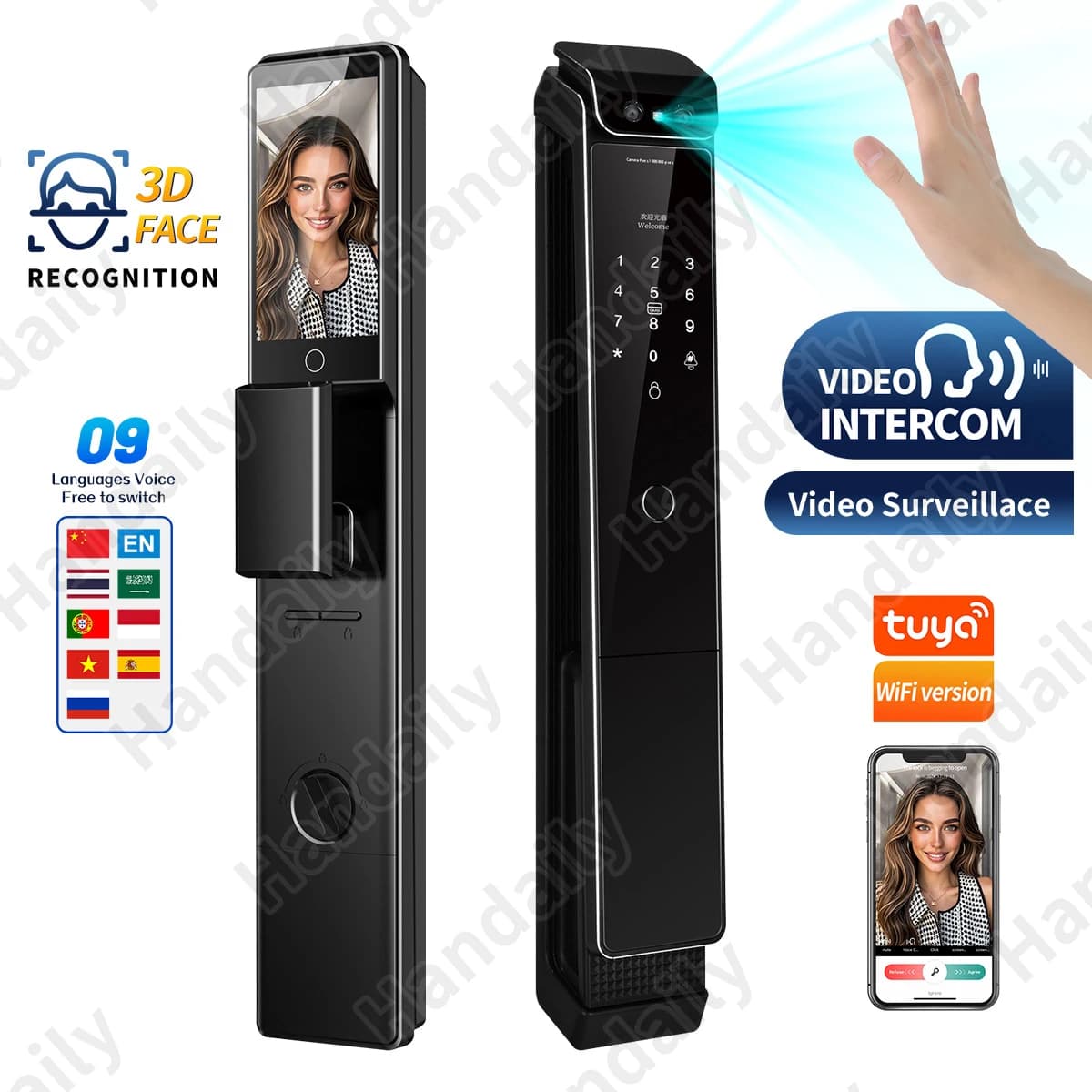 HanDaily Video Intercom Palm Digital Electronic Locks Face Recognition Fingerprint Password Smart Lock with Card for Front Door