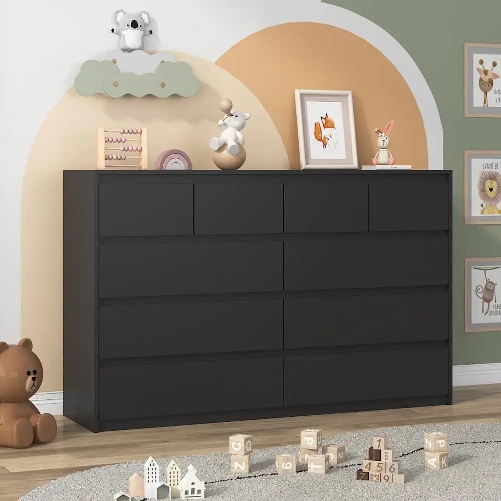 Black Malm Dresser for Bedroom, 55 Wide 37 Tall Dresser with 10 Drawers, Modern Large Wood Chest of Drawer Handle Free, Living