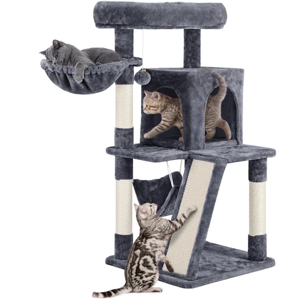 Albero per gatti da 40 pollici con pali e superfici per grattare rivestiti in sisal e piattaforma in peluche di grandi dimensioni con cesto amaca