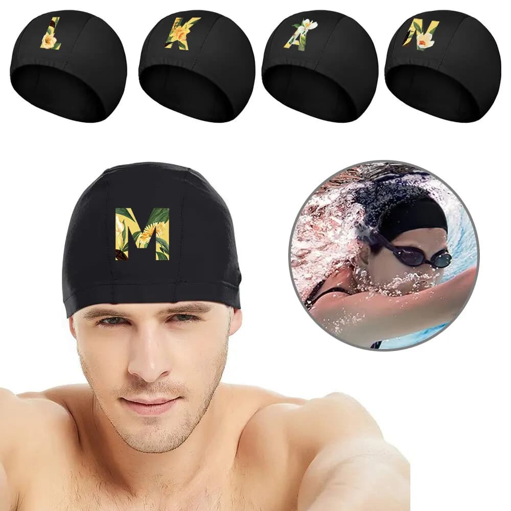 UNISEX swim cap, floral and initial pattern bath hat, ear protection, diving equipment, elastic headphones