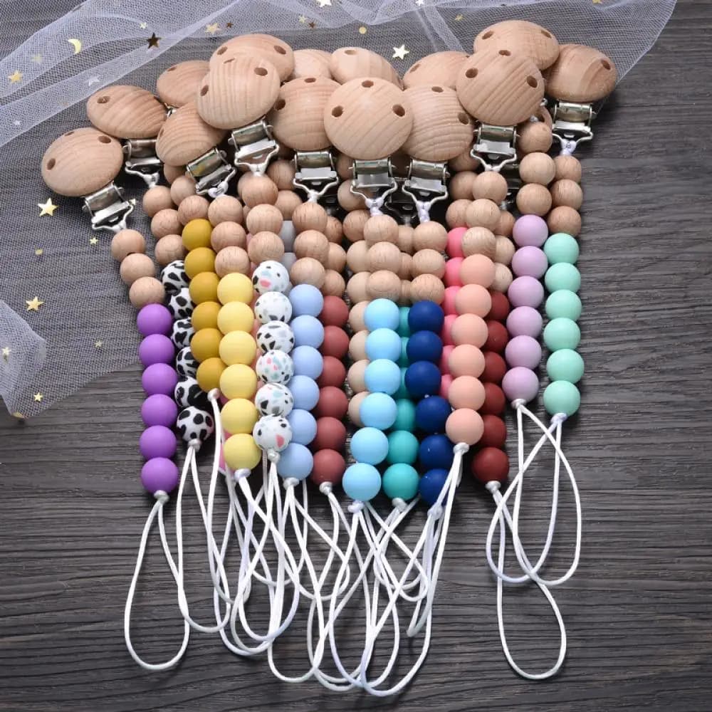 Clip per ciuccio in faggio per bambini Perline per dentizione rotonde colorate in silicone Porta ciuccio per uso alimentare Catena lenitiva Catena per capezzoli per bambini antigoccia