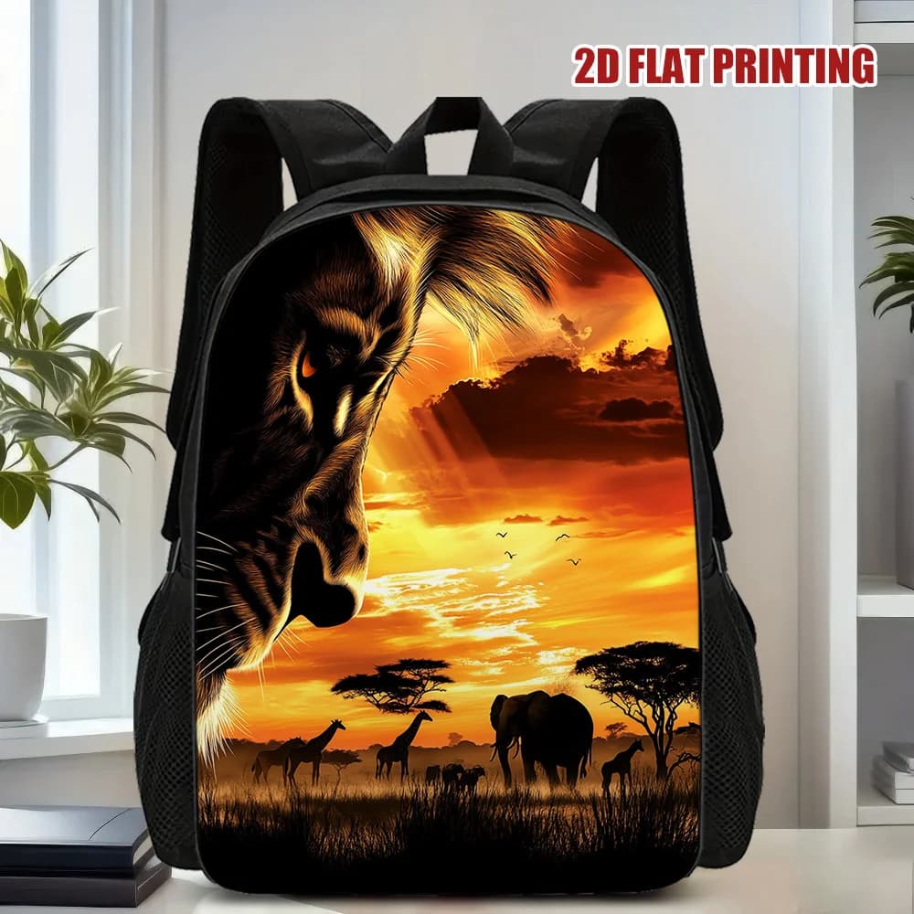 An elegant backpack with flat 2D print depicting scenes of adventures in the desert at nightfall in Africa, perfect for school and travel.