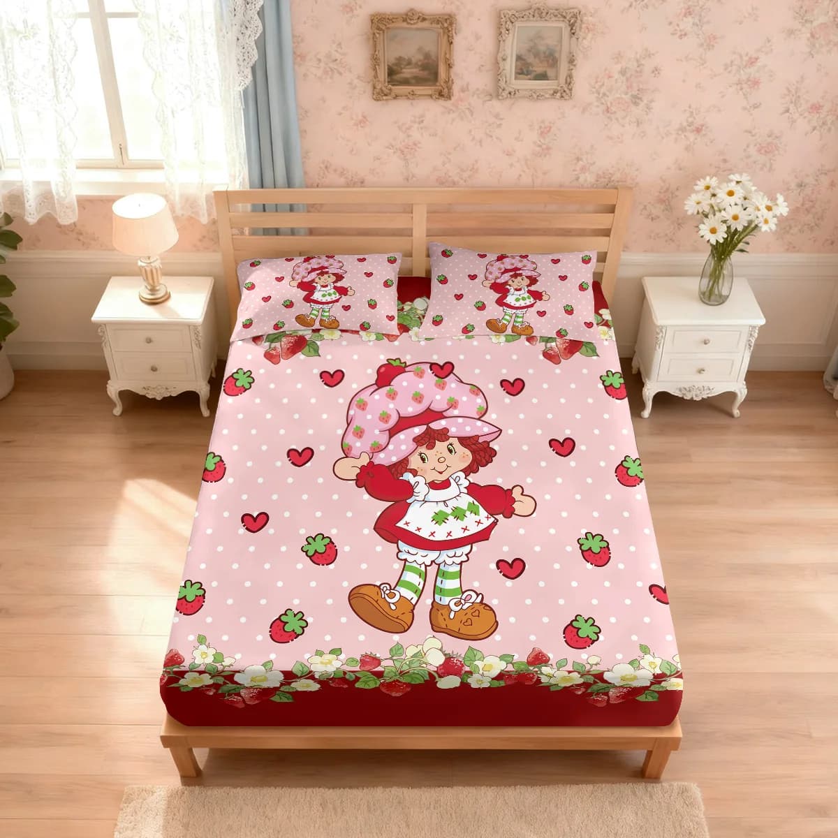 Set of 3 Pink Sheets with Strawberries Printing, No Chip, Different Measures, Soft, for Bedroom Decoration