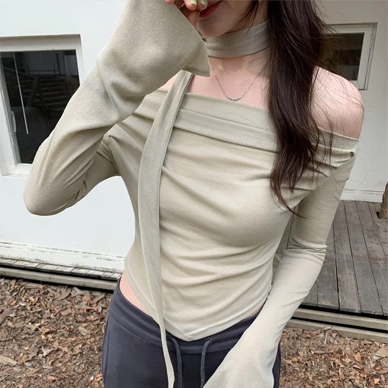 Top Corto Monospalla Slim Color Albicocca Polveroso Primavera Estate 2026, T-shirt da Donna a Maniche Lunghe, Top Lusso Stile Spice Girl con Set Sciarpa