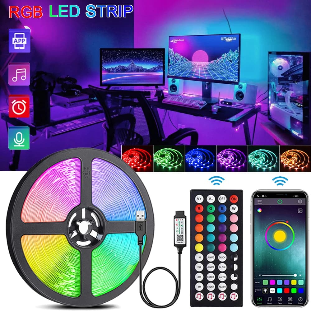 1-40m LED Strips for Decoration Rooms, Music Synchronization via APP + 44 Key Remote Control, 5V USB RGB Flexible Tape for TV Retro Lighting